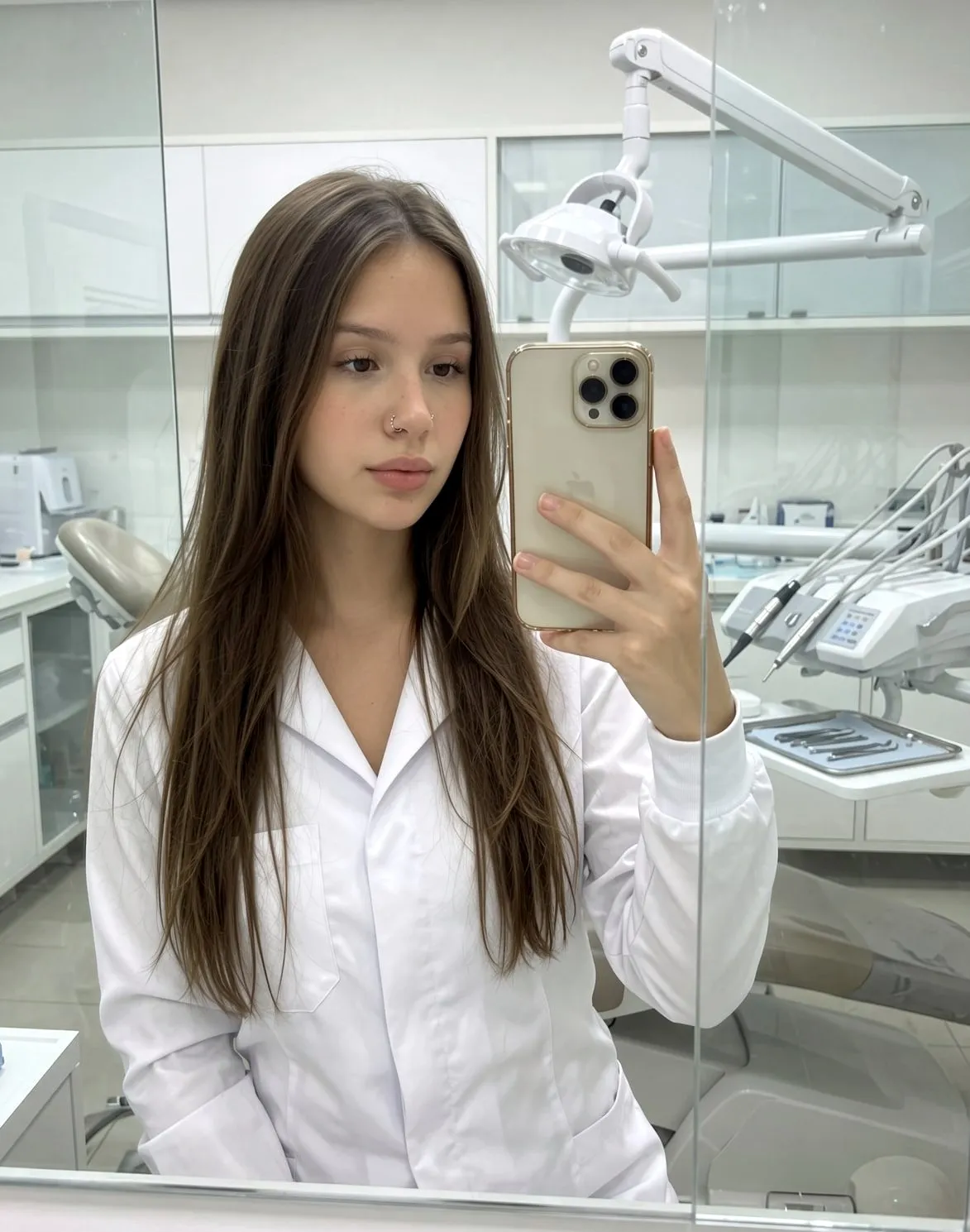 Dentista da clínica de jaleco branco, em frente ao espelho do consultório.