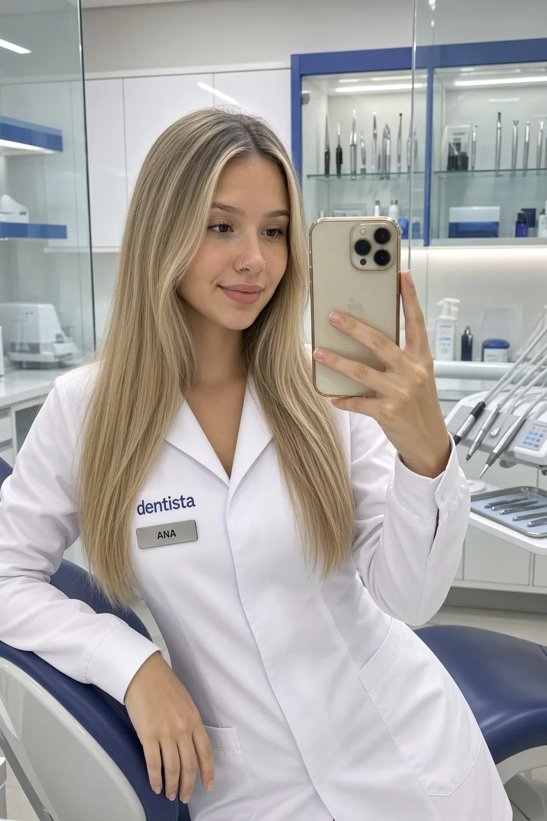 Dra. Ana Julia de jaleco branco, sentada na cadeira do consultório.
