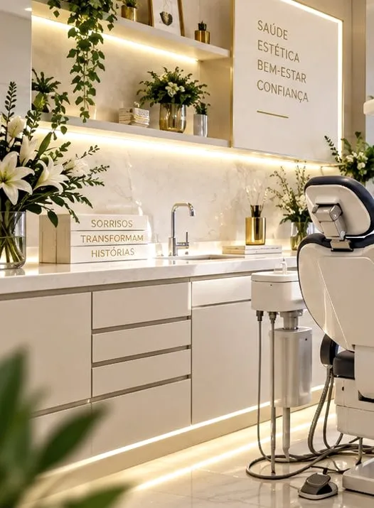 Bancada de mármore da clínica com lírios, plantas e luz quente.